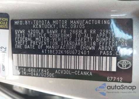 2006 Toyota Camry Le from USA, damaged, VIN 4T1BE32K16U672401